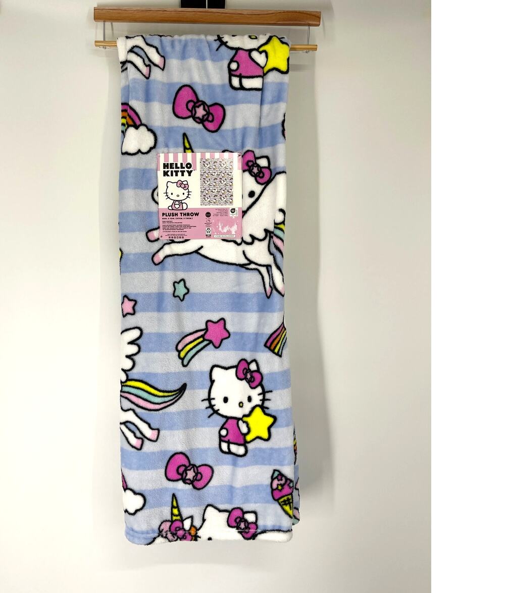 Hello Kitty Plush Throw Blanket 50 x 70 Unicorn Rainbow Blue Stripe Sanrio NEW